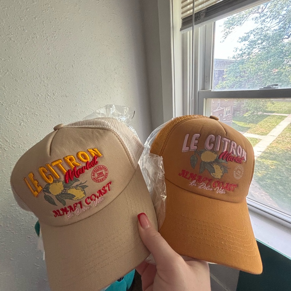 Anthropologie Embroidered Caps in Beige and Coral
